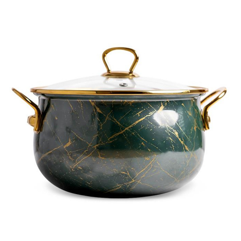Втора ръка: Тенджера Goldmann GM 8017-22G, 5л, 22х14 см, Емайлирана, Индукция, Стъклен капак, Изумрудено зелено
