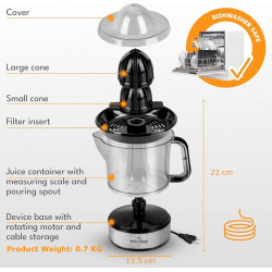 Електрическа цитрус преса Swiss Haus SH-CJ2140, 40W, 1 л, Филтър, Двупосочно завъртане, Без BPA, Меден/черен