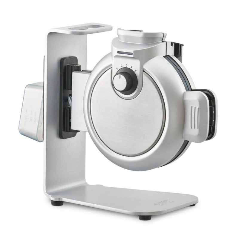 Κάθετη μηχανή για βάφλες Caso Design WaffleUp, 800 W, 18 cm, 5 επίπεδα, διπλή αντικολλητική επίστρωση, ηχητικό και φωτεινό σήμα, δοχείο για το υπόλοιπο ζυμάρι, ασημί