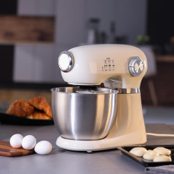 Планетарен миксер Swiss Haus SH-KM2005, 1000W, 5 л, 12 скорости, Плавен старт, Повдигаща се глава, Иноксова купа, Бежов