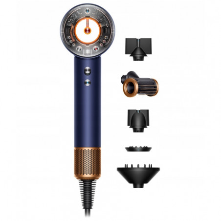 Πιστολάκι μαλλιών Dyson Supersonic Nural HD16 Prussian Blue/Rich Copper Straight+Wavy 122612-01, 1600 W, 3 ταχύτητες, 4 θερμοκρασίες, αρνητικά ιόντα, 5 εξαρτήματα, προστασία του τριχωτού της κεφαλής, Μπλε/χαλκός