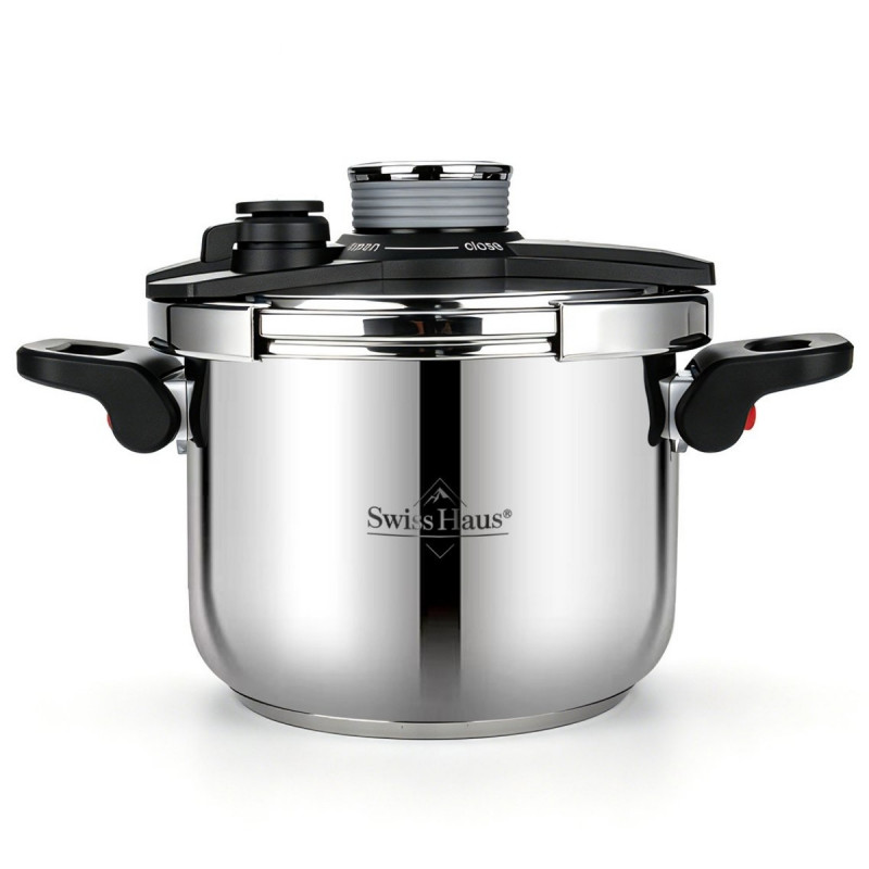 Тенджера под налягане Swiss Haus SH-PCA8L, 8 л, 24х18.6 см, 100 kPa, Неръждаема стомана, Без PFAS, Трислойно дъно, Индукция, Сребрист