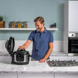 Multicooker sub presiune Ninja Foodi OP350FR, 1400 W, 6 Л, 9 programe, 40-200°C, TenderCrisp®, Acoperire ceramica, Mentinerea caldurii, Pui întreg, Negru/inoxidabil