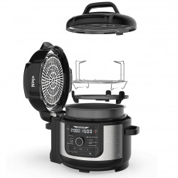 Multicooker sub presiune Ninja Foodi OP350FR, 1400 W, 6 Л, 9 programe, 40-200°C, TenderCrisp®, Acoperire ceramica, Mentinerea caldurii, Pui întreg, Negru/inoxidabil