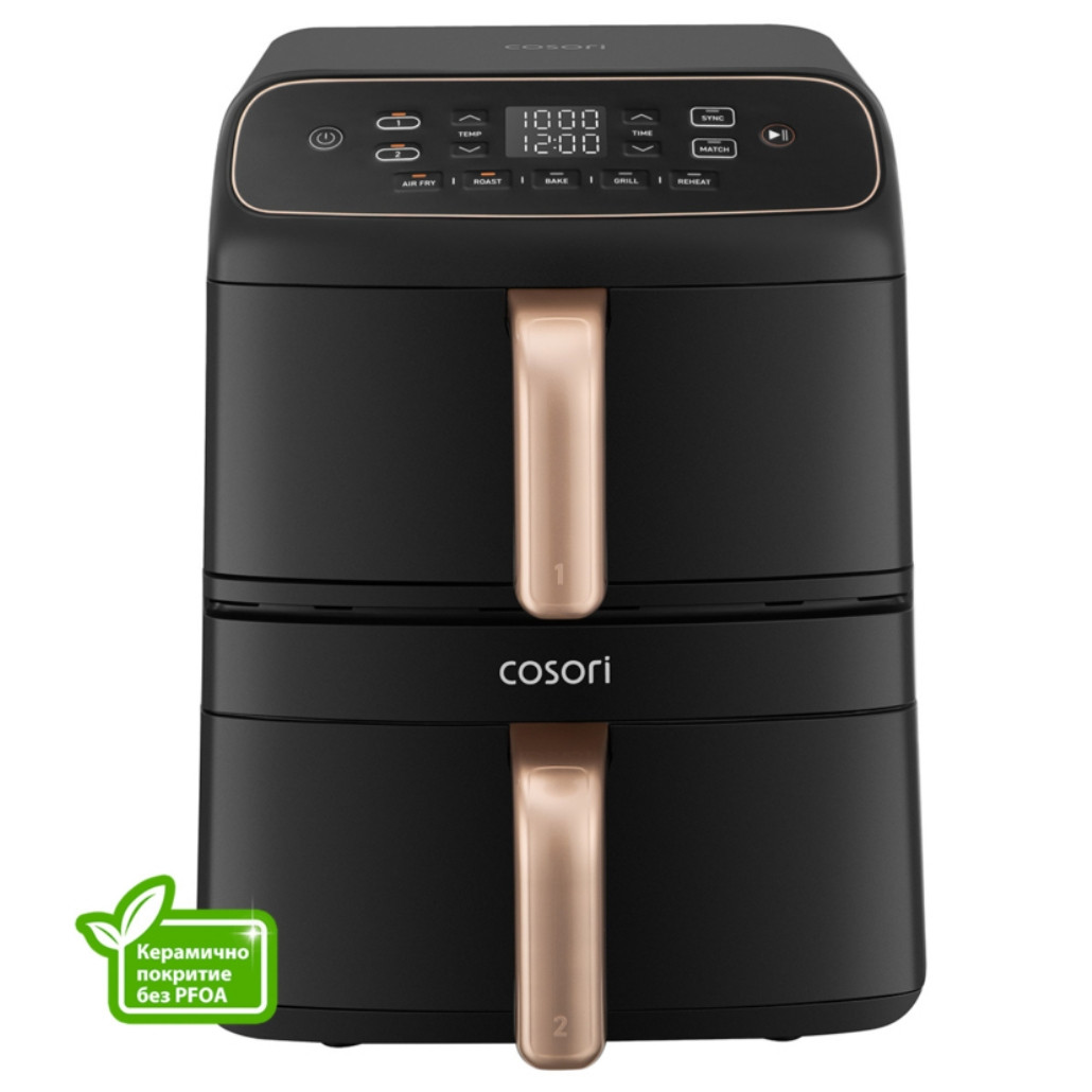 Фритюрник с горещ въздух Cosori Turbo Tower Compact CAF-DC861, 2630W, 2x4.3 л, 40-230°C, 5 програми, Керамично покритие, Синхронизация, Черен/розово злато