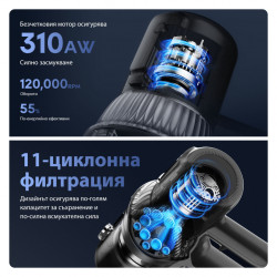 Вертикална прахосмукачка 3в1 JIMMY JV10 Pro Aqua, 800W, 0.6 л, 90 мин, Сухо/мокро + полиране, 4 режима, Сензор за прах, Авто регулиране на мощност, Бял/черен