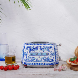 Тостер за хляб SMEG Dolce & Gabbana Blu Mediterraneo TSF01DGBEU, 950W, 2 филии, 6 нива, Тавичка за трохи, Вграден кабел, Неръждаема стомана, Син