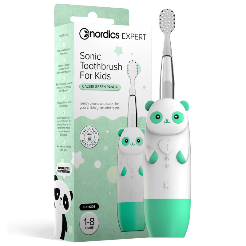 Periuta de dinti sonica pentru copii Nordics CA2610 Panda, 4 moduri, baterie AAA, pulsație ușoară, cronometru, avertizare pentru zone, memorie, verde