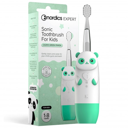 Periuta de dinti sonica pentru copii Nordics CA2610 Panda, 4 moduri, baterie AAA, pulsație ușoară, cronometru, avertizare pentru zone, memorie, verde