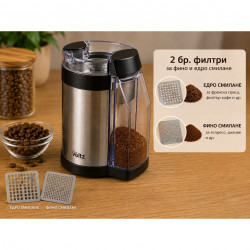 Oliver Voltz OV51172D kávédaráló, 130 W, 50 g-os őrölt kávé-tartály, 2 szűrő finomra és durvára őrölt kávéhoz, fekete/ezüst