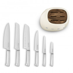 Set de cutite cu suport SMEG KBSF02CR, 7 piese, Manere din lemn de salcam, Otel inoxidabil german, Crem