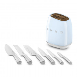 SMEG KBSF02PB Knife Set with Stand, 7-piece, Acacia Wood Handles, German Stainless Steel, Pastel Blue