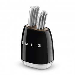 SMEG KBSF02BL Knife Set with Stand, 7-piece, Acacia Wood Handles, German Stainless Steel, Black