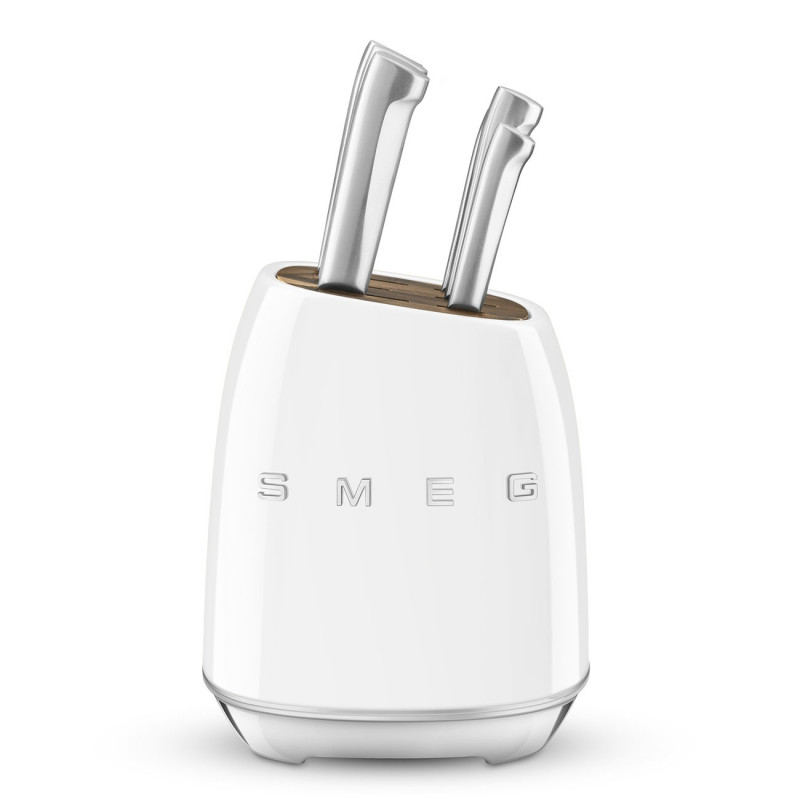 Комплект ножове със стойка SMEG KBSF02WH, 7 части, Слотове от акациево дърво, Немска неръждаема стомана, Бял