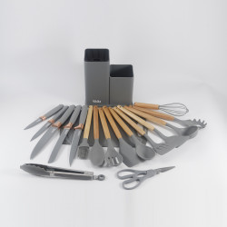 Oliver Voltz OV51612BG 19-Piece Kitchen Set, Knives, Silicone Utensils, Organizer, Cutting Board, Gray