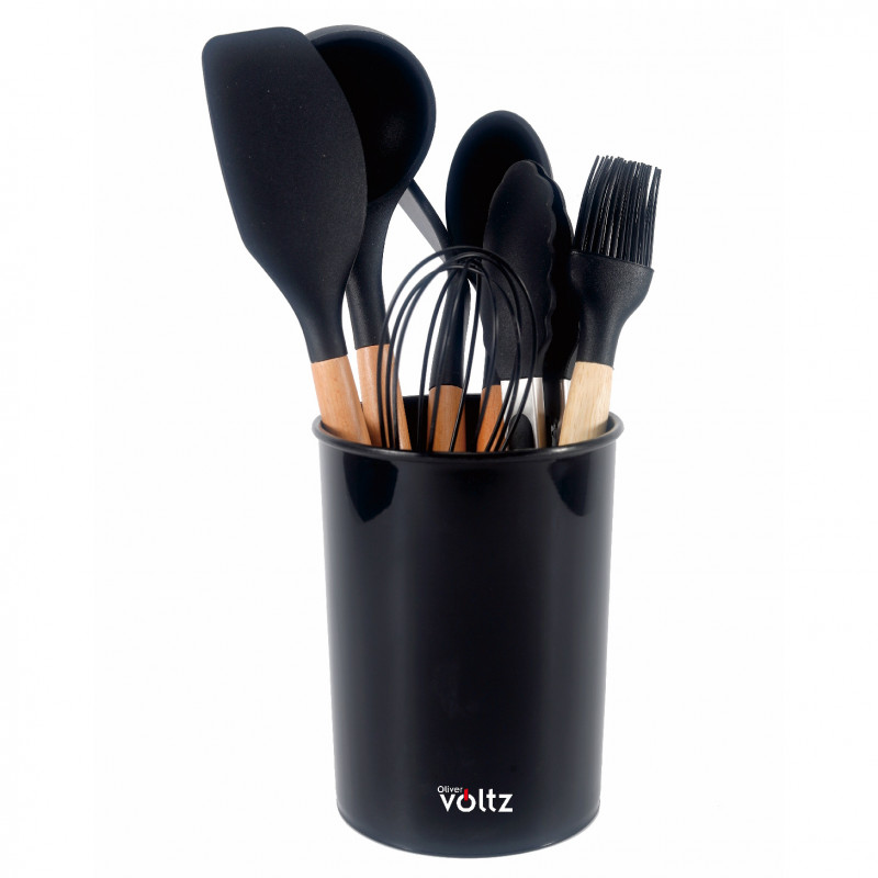 Комплект кухненски прибори с поставка Oliver Voltz OV51612CB, 8 части, Силикон, устойчив на високи температури, Поставка, Черен