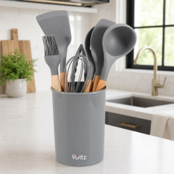 Set ustensile de bucatarie cu suport Oliver Voltz OV51612CG, 8 piese, Silicon, Rezistent la temperaturi ridicate, Suport, Gri