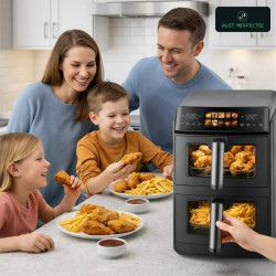 Just Perfecto JP-AF10DB Double Hot Air Fryer, 2600 W, 10 L, 10 Programs, 80–200 C, Rapid Hot Air Circulation, Synchronized Cooking, Black