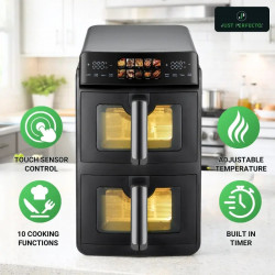 Just Perfecto JP-AF10DB Double Hot Air Fryer, 2600 W, 10 L, 10 Programs, 80–200 C, Rapid Hot Air Circulation, Synchronized Cooking, Black