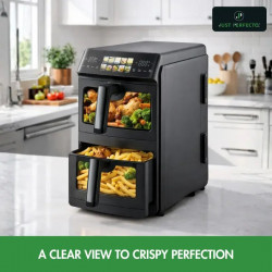 Just Perfecto JP-AF10DB Double Hot Air Fryer, 2600 W, 10 L, 10 Programs, 80–200 C, Rapid Hot Air Circulation, Synchronized Cooking, Black