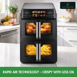 Just Perfecto JP-AF10DB Double Hot Air Fryer, 2600 W, 10 L, 10 Programs, 80–200 C, Rapid Hot Air Circulation, Synchronized Cooking, Black