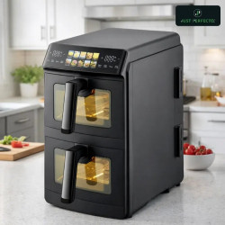 Just Perfecto JP-AF10DB Double Hot Air Fryer, 2600 W, 10 L, 10 Programs, 80–200 C, Rapid Hot Air Circulation, Synchronized Cooking, Black