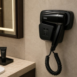 Rosberg R51100HT Wall-Mounted Hair Dryer, 1300W, 2 Speeds, Shaver Outlet, For Hotels and Swimming Pools, Black