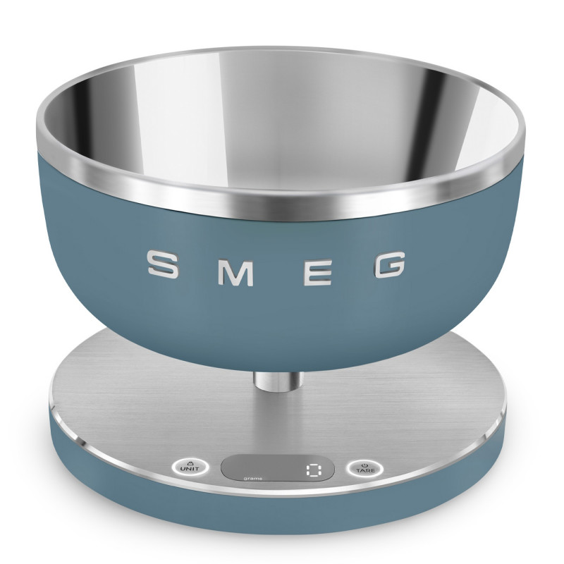 Cantar de bucatarie Smeg Collezione KSC01SBMWW, Pana la 5 kg/5 l, Functie TARA, Afisaj LED, Baza antiderapanta, Baterie reincarcabila, Albastru cenusiu