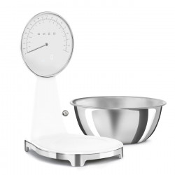Cantar de bucatarie Smeg KSF01WHWW, Afisaj analogic si digital, Pana la 5 kg/5 l, Functie TARA, Afisaj LED, Baza antiderapanta, Baterie reincarcabila, Alb mat