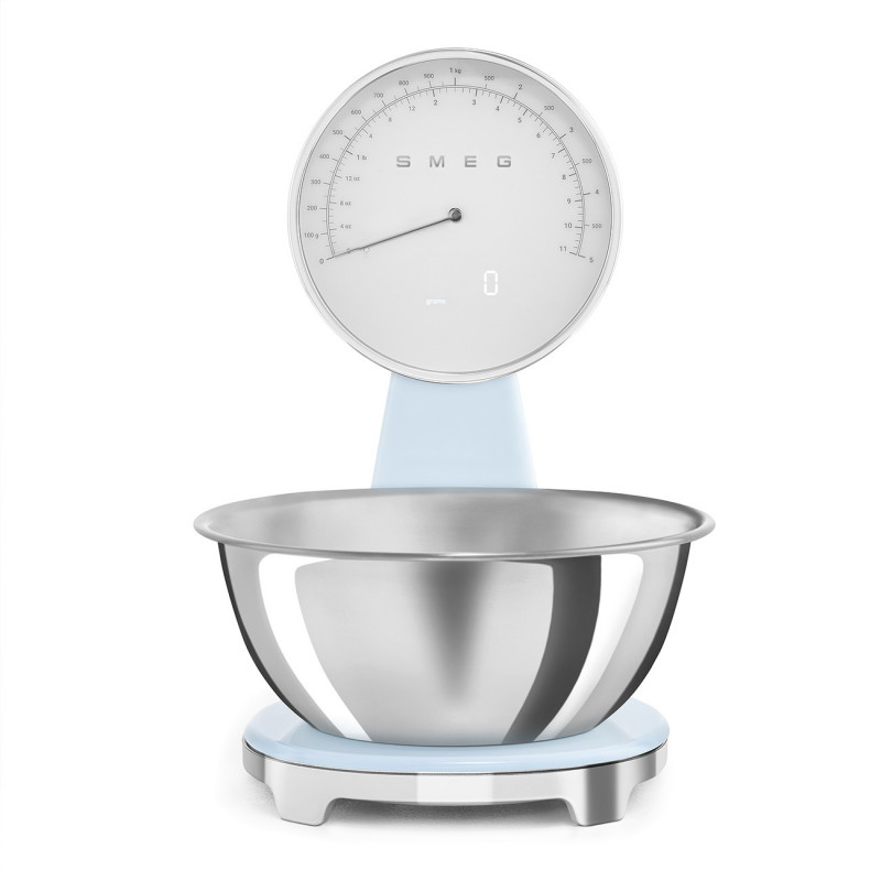 Кухненска везна Smeg KSF01PBWW, Аналогов и дигитален дисплей, До 5 кг/5 л, ТАРА, LED дисплей, Противоплъзгаща се основа, Автономия до 36 часа, Пастелно син