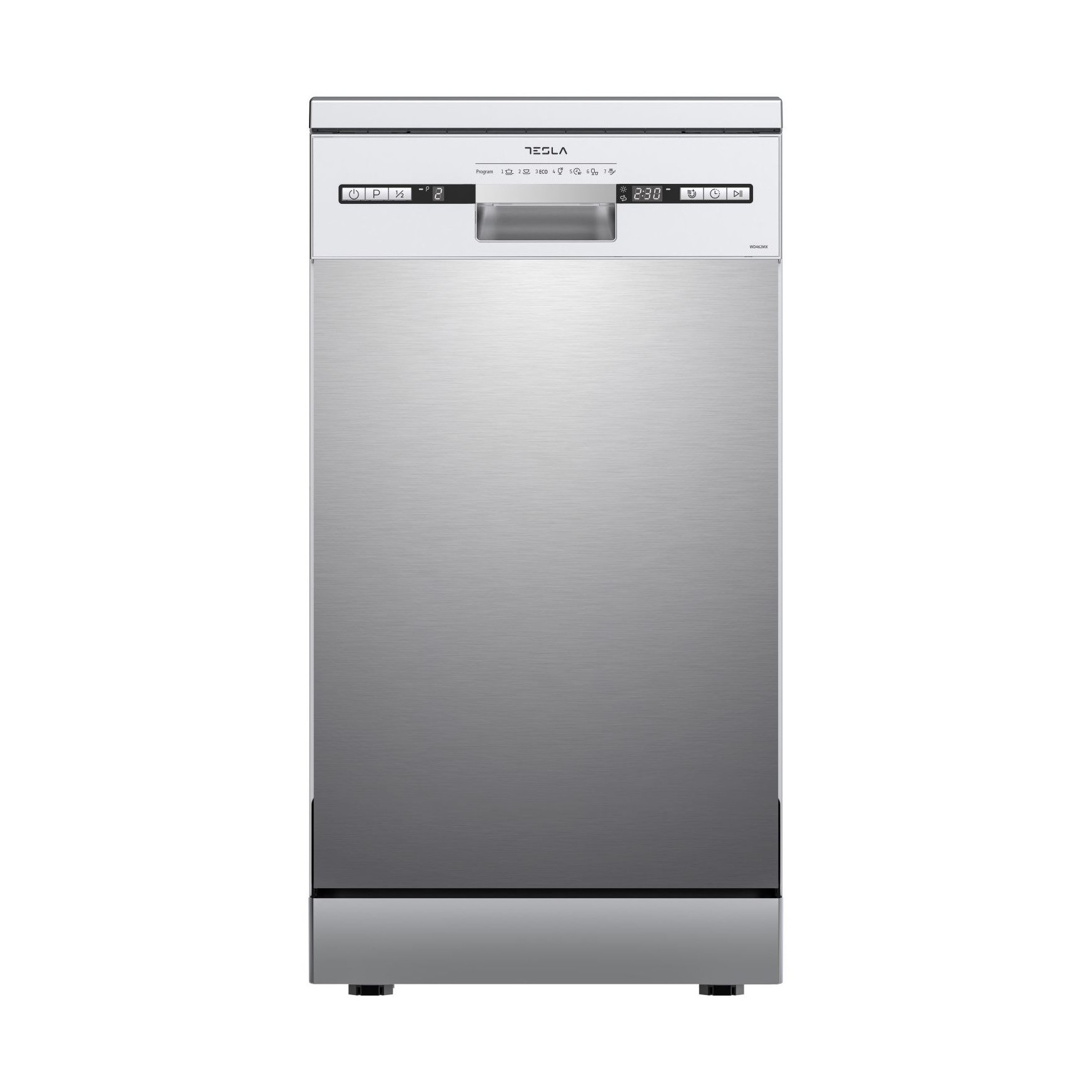 Masina de spalat vase Tesla WD462MX, 10 seturi, 7 programe, Clasa E, Pornire intarziata, Incarcare partiala, 45 cm, Otel inoxidabil