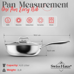 Swiss Haus SH-ZGW28 wok serpenyő, 28x9 cm, 4 l, Sapphire kerámia bevonat, üvegfedél, sütőben 260 °C-ig használható, indukciós főzőlapon is használható, ezüst színű