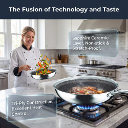 Swiss Haus SH-ZGW28 Wok Pan, 28x9 cm, 4 L, Sapphire Ceramic Coating, Glass Lid, Oven Safe up to 260°C, Induction Compatible, Silver