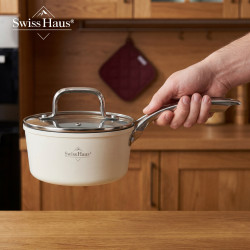 Комплект съдове за готвене Swiss Haus SH-CC4014CR, 14 ч, Sapphire-керамично, Индукция, Фурна до 220°C, Без PFAS, Кремав гланц