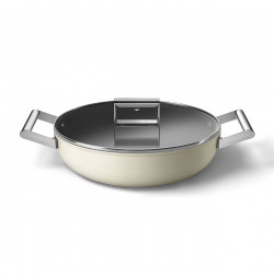 Ρηχή κατσαρόλα με καπάκι Smeg DPF2812CRM, 28 εκ., 4,3 λίτρα, κεραμική αντικολλητική επίστρωση, κατάλληλη για φούρνο έως 250 °C, χωρίς PFAS, κατάλληλη για επαγωγικές εστίες, κρεμ