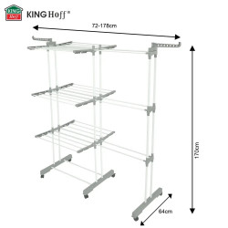 Στεγνωτήριο ρούχων Kinghoff KH 2044, 30 μ., έως 30 κιλά, 3 επίπεδα, ροδάκια, χάλυβας, λευκό/γκρι