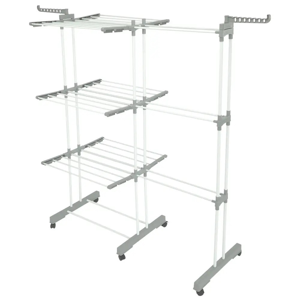 Сушилник за дрехи Kinghoff KH 2044, 30 м, До 30 кг, 3 нива, Колелца, Стомана, Бял/сив