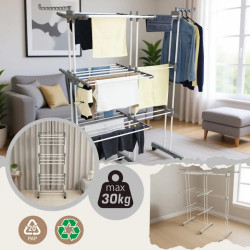 Kinghoff KH 2044 Clothes Drying Rack, 30 m, Up to 30 kg, 3 Levels, Casters, Steel, White/Gray