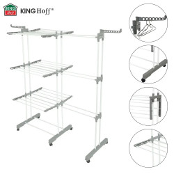 Στεγνωτήριο ρούχων Kinghoff KH 2044, 30 μ., έως 30 κιλά, 3 επίπεδα, ροδάκια, χάλυβας, λευκό/γκρι