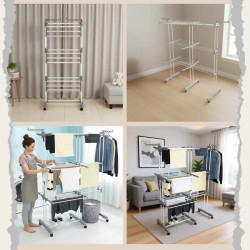 Kinghoff KH 2044 Clothes Drying Rack, 30 m, Up to 30 kg, 3 Levels, Casters, Steel, White/Gray