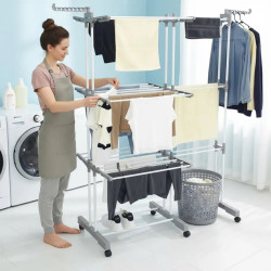 Kinghoff KH 2044 Clothes Drying Rack, 30 m, Up to 30 kg, 3 Levels, Casters, Steel, White/Gray