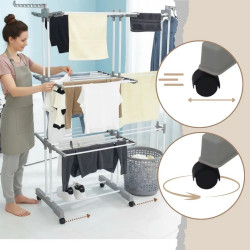 Kinghoff KH 2044 Clothes Drying Rack, 30 m, Up to 30 kg, 3 Levels, Casters, Steel, White/Gray