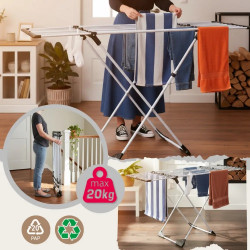 Сгъваем сушилник за дрехи Kinghoff KH 2042, 20 м, До 20 кг, Регулируема дължина, Противоплъзгащи накрайници, Бял/черен