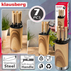 Klausberg KB 9036 konyhakéskészlet, 7 darab, rozsdamentes acél, fahatású, állvány, barna