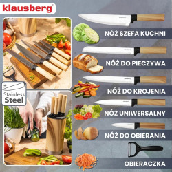Klausberg KB 9036 konyhakéskészlet, 7 darab, rozsdamentes acél, fahatású, állvány, barna