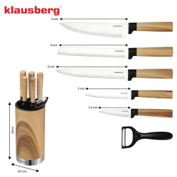 Klausberg KB 9036 konyhakéskészlet, 7 darab, rozsdamentes acél, fahatású, állvány, barna
