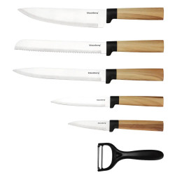Комплект кухненски ножове Klausberg KB 9036, 7 ч, Неръждаема стомана, Дървесен ефект, Стойка, Кафяв