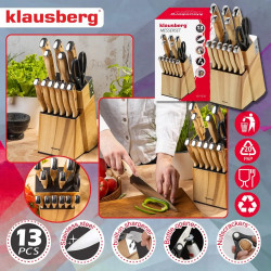 Klausberg KB 9038 konyhakéskészlet, 13 darab, beépített élező, rozsdamentes acél, állvány, barna