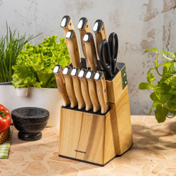 Set de cuțite de bucătărie Klausberg KB 9038, 13 piese, ascuțitor încorporat, oțel inoxidabil, suport, maro