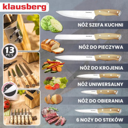 Klausberg KB 9038 konyhakéskészlet, 13 darab, beépített élező, rozsdamentes acél, állvány, barna